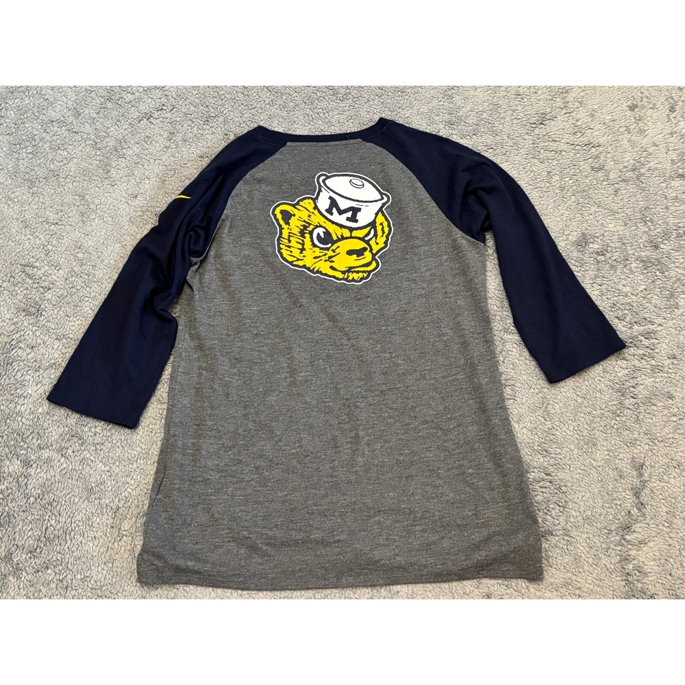 Nike Michigan Wolverines Shirt Womens Medium Gray Blue Raglan Dri-Fit Logo - Picture 6 of 6